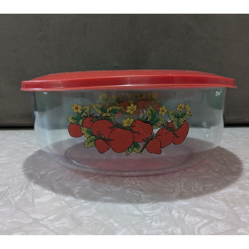 Vintage ThermoServ Strawberry Plastic Serving Bowl 16 Cup Clear Red Lid USA Made